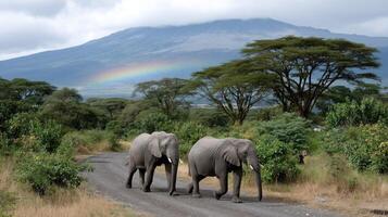 Two elephants walking down a dirt road with a rainbow in the background photo