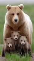 A bear with three cubs in a field photo