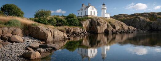 A lighthouse sits on a rocky shoreline with a body of water photo