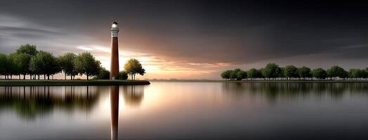 A lighthouse stands in the middle of a lake photo