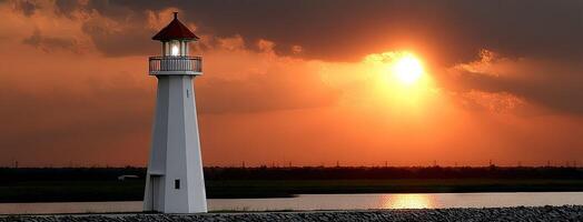 A lighthouse is seen in the distance with a sunset behind it photo