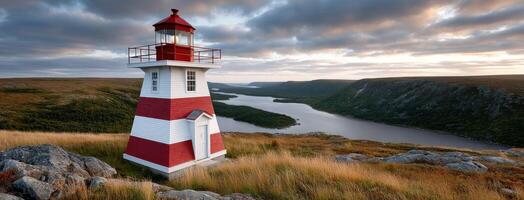 A red and white lighthouse stands on top of a hill photo