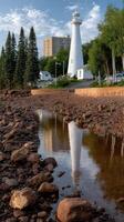 A white lighthouse sits on a rocky shoreline photo