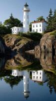 A lighthouse is reflected in the water photo