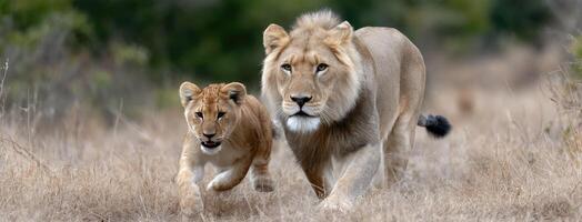 Two lions running through the grass photo