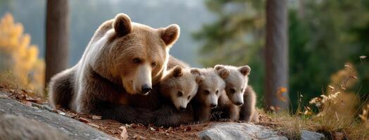 A mother bear and her cubs are sitting on the ground photo