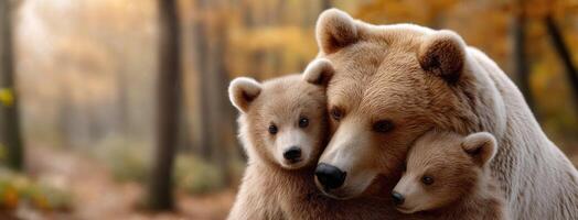 Two bears hugging each other in the woods photo