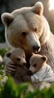A bear and two cubs are sitting in the grass photo