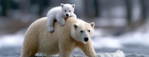 Polar bear cubs on the back of a polar bear photo