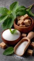 Sugar, sugar cubes, and mint leaves on a dark background photo