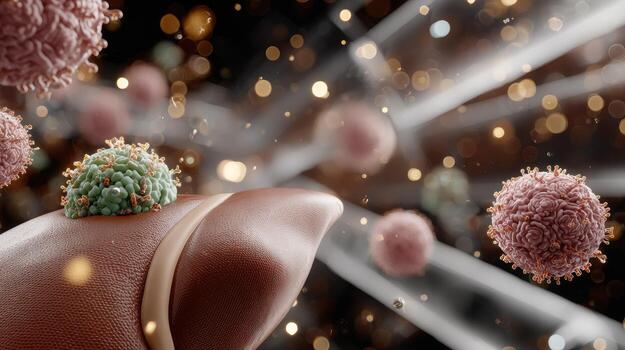 A liver cell is surrounded by a virus photo