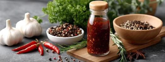A bottle of sauce, herbs and spices photo