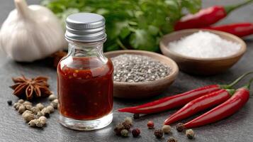 Chili sauce in a glass bottle with spices photo
