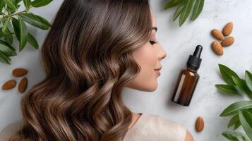 Woman with long hair and almond oil on marble background photo