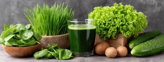 Green juice with vegetables and fruits photo