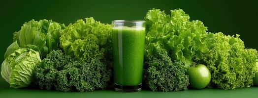 Green juice in a glass with lettuce and other vegetables photo