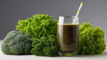 A glass of green smoothie next to some broccoli photo
