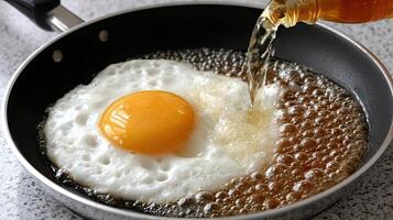 A fried egg being poured into a pan photo