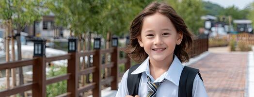 A young boy in a school uniform smiling photo