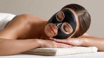 A woman laying on a towel with a black mask on her face photo