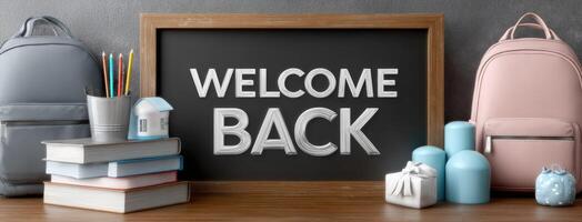 Back to school concept with backpacks and chalkboard photo