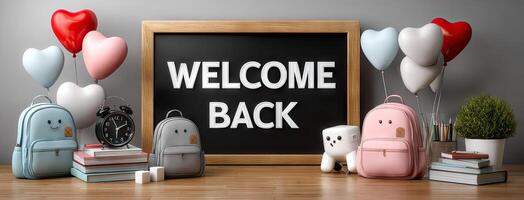 Back to school concept with school bags, pencils, and chalkboard photo