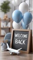 Welcome back sign with balloons and airplane on wooden floor 3d rendering photo