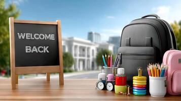Back to school concept with school supplies and backpack photo