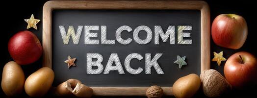 Welcome back sign with apples, nuts and a blackboard photo