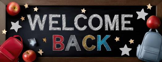 Welcome back sign with backpacks and apples photo