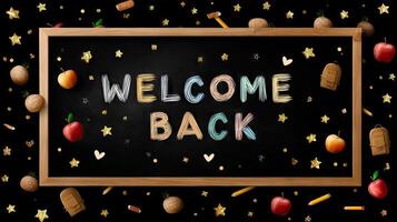 Welcome back text on blackboard with apples, stars and other school supplies photo