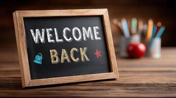 Welcome back sign on a blackboard photo