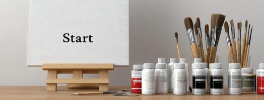 A canvas with paint brushes and a white board photo