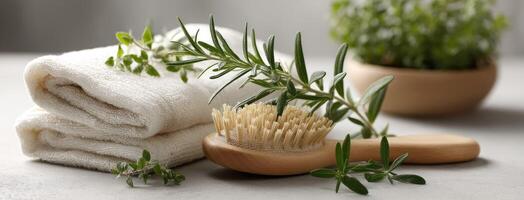 Towels, a brush and a plant are on a table photo