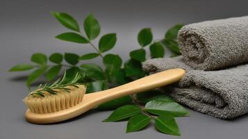 A wooden toothbrush and a towel with a leaf photo