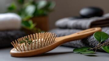 A wooden hairbrush with a towel and herbs photo