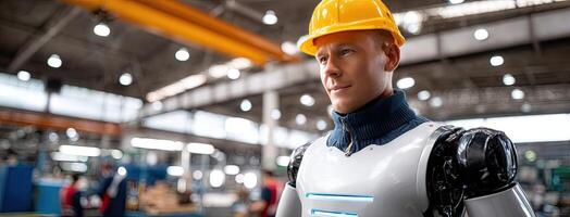 A robot in a factory with a hard hat photo