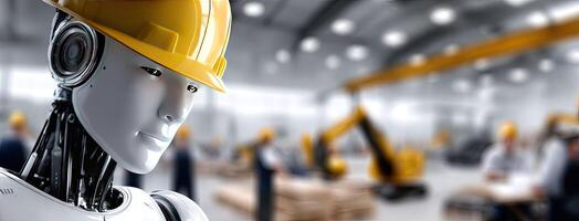 A robot wearing a hard hat in a factory photo
