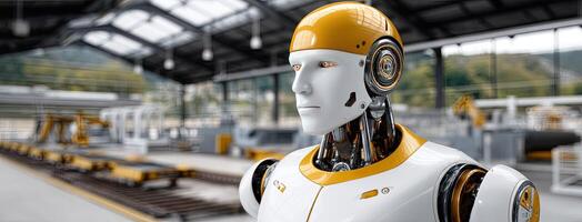 A robot standing in front of a factory photo