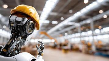 A robot in a factory with a hard hat on photo