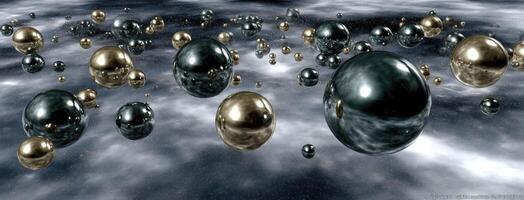 A group of gold and silver spheres floating in the air photo