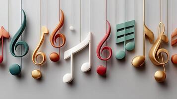 Colorful musical notes hanging from strings on a wall photo
