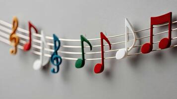 A colorful musical note garland is hanging on a wall photo