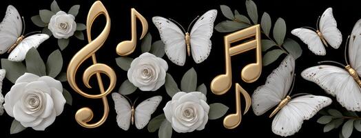 Golden musical notes and roses on black background photo