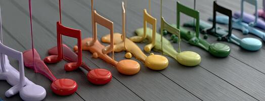 Colorful musical notes on a wooden floor photo