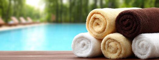 Towels stacked on a table near a pool photo