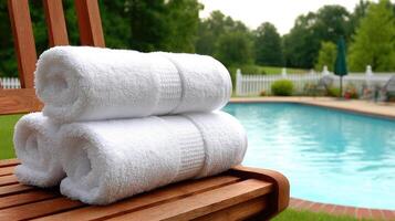 Towels stacked on a wooden chair near a swimming pool photo