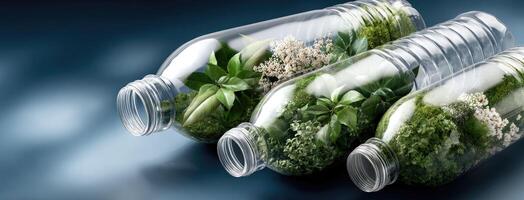 Plastic bottles with plants inside photo