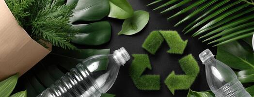 Recycling plastic bottles and paper on black background photo