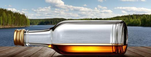 A bottle of whiskey sitting on a table next to a lake photo
